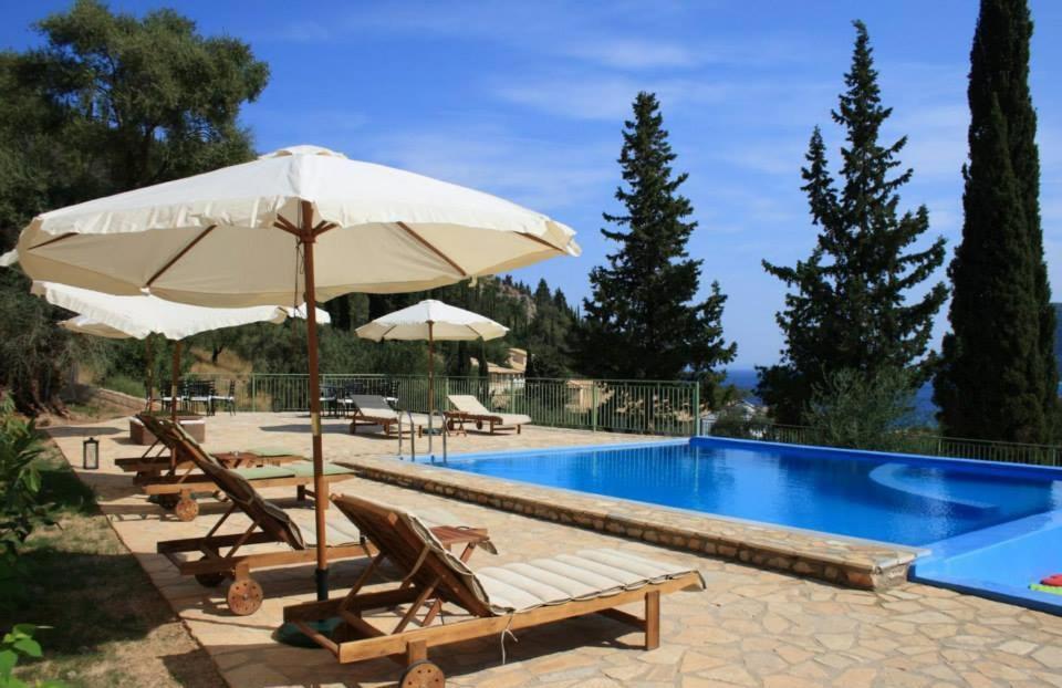 阿约斯尼奇塔斯莱夫卡斯佩特拉旅馆的一个带遮阳伞和躺椅的游泳池以及一个游泳池
