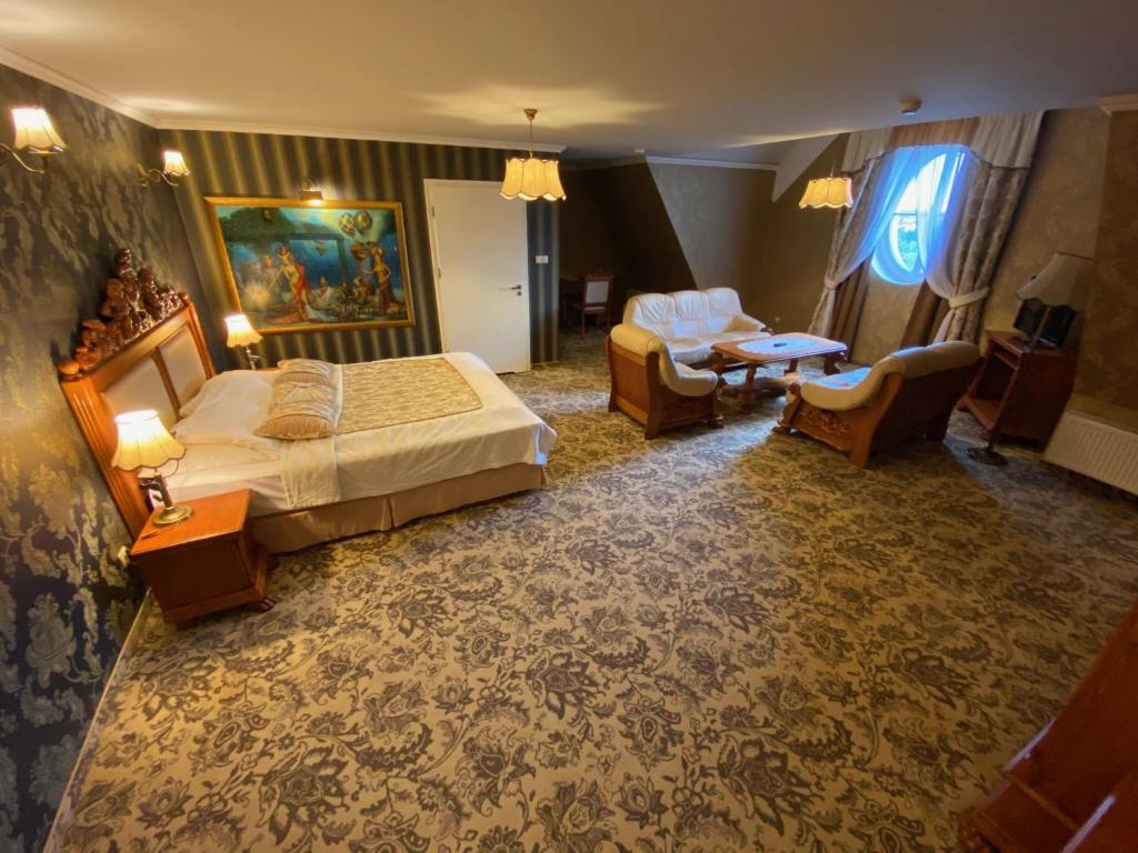 亚斯琴别-兹德鲁伊玻璃尼亚宫酒店的酒店客房设有床和客厅。