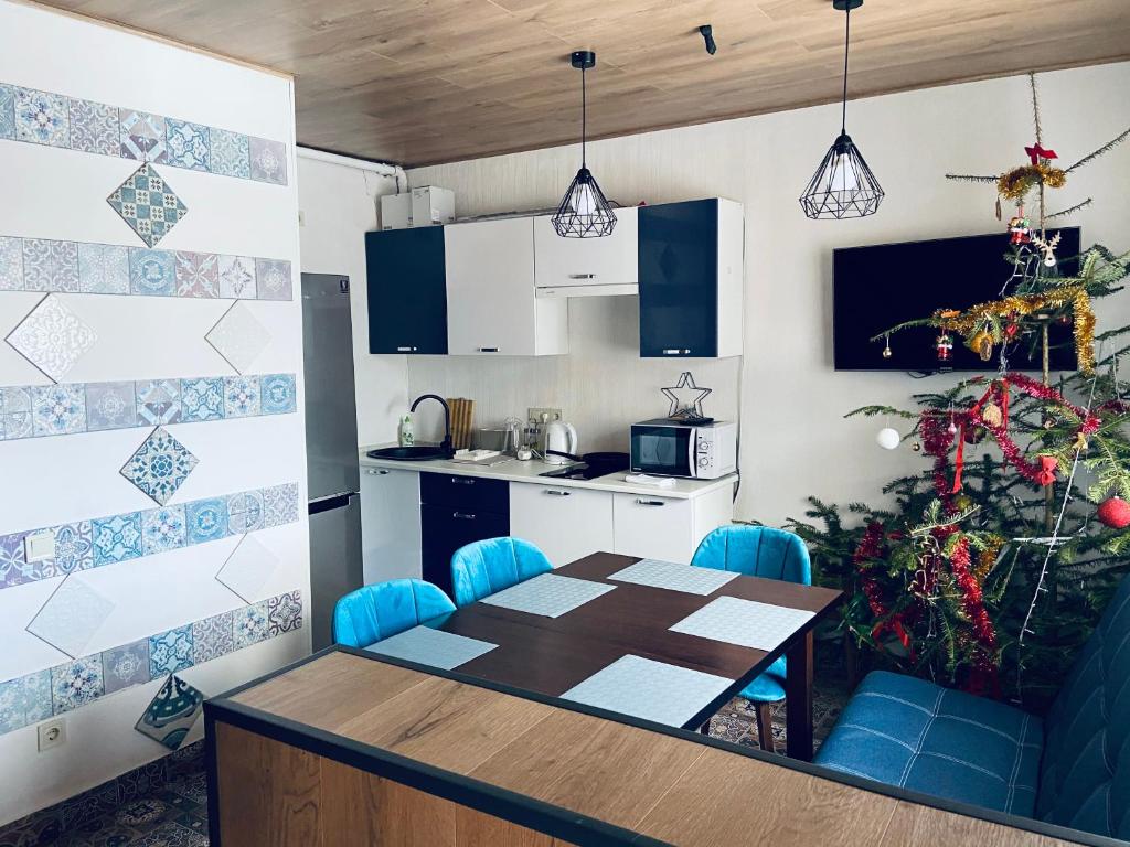 亚布卢尼齐亚DanRock的一间厨房,内设一张桌子和蓝色的椅子