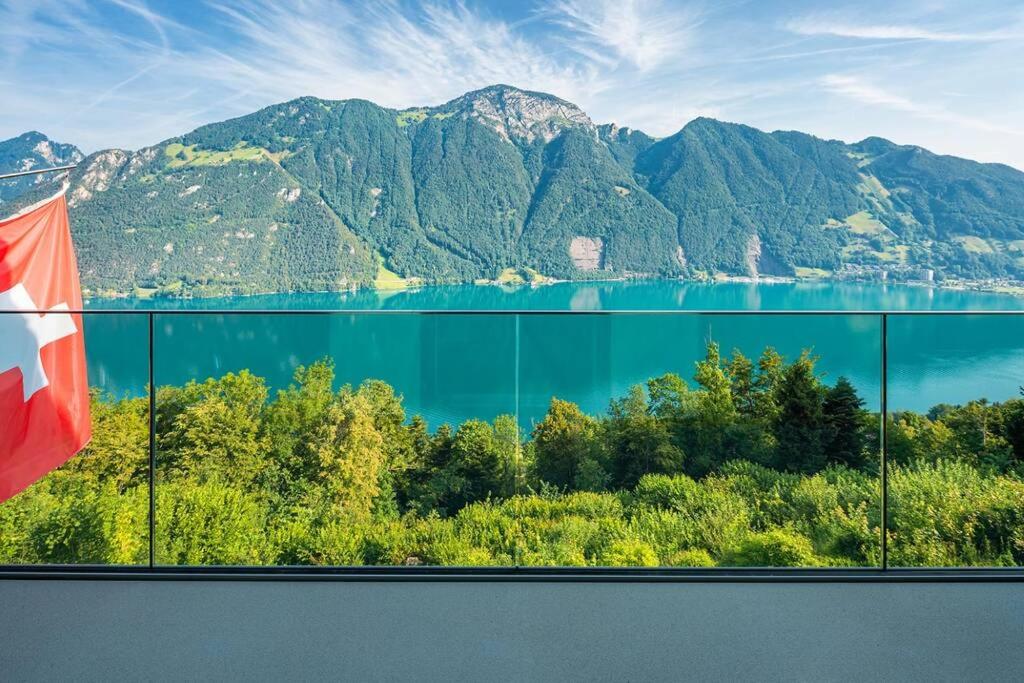 塞利斯贝格Exklusives Chalet mit traumhafter See- und Bergsicht的享有湖景和山景,设有国旗