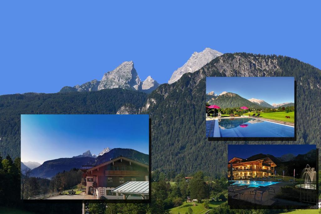 柯尼希斯湖畔舍瑙欧泊苏尔兹贝格林旅馆的建筑物和山脉照片的拼合