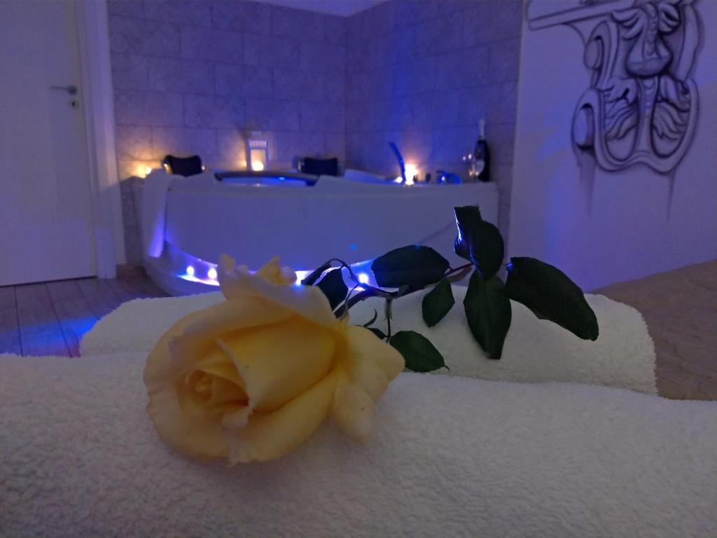 贾迪尼-纳克索斯B&B My Sicily的蓝色灯笼罩在床上的玫瑰
