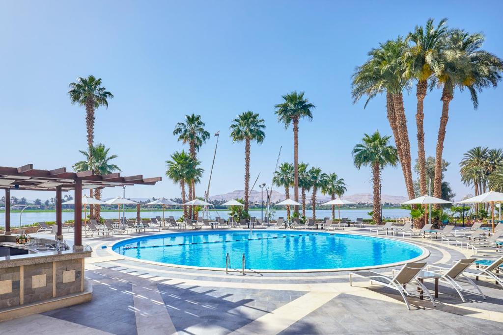 卢克索Steigenberger Resort Achti的度假村的游泳池,种植了棕榈树,配有椅子