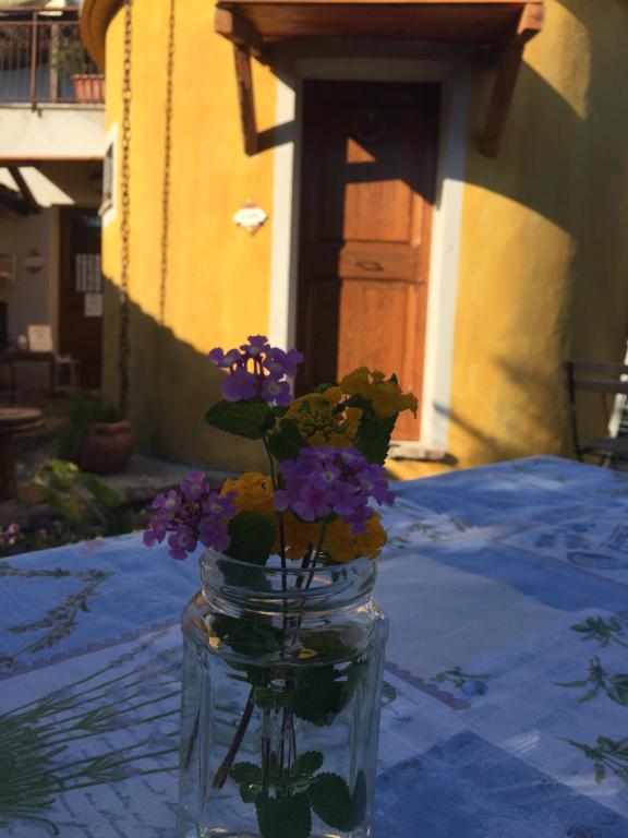 福萨切西亚C'era una volta Podere San Giovanni的桌子上装有鲜花的玻璃瓶