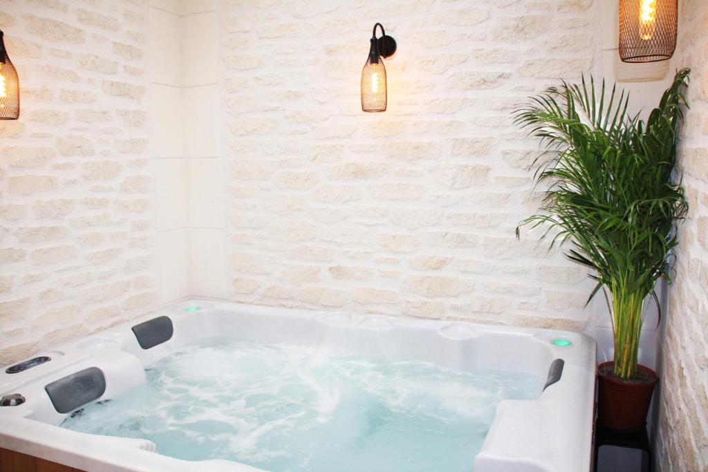 埃佩尔奈L'Atelier - Gîte & Spa的植物浴室内的白色浴缸