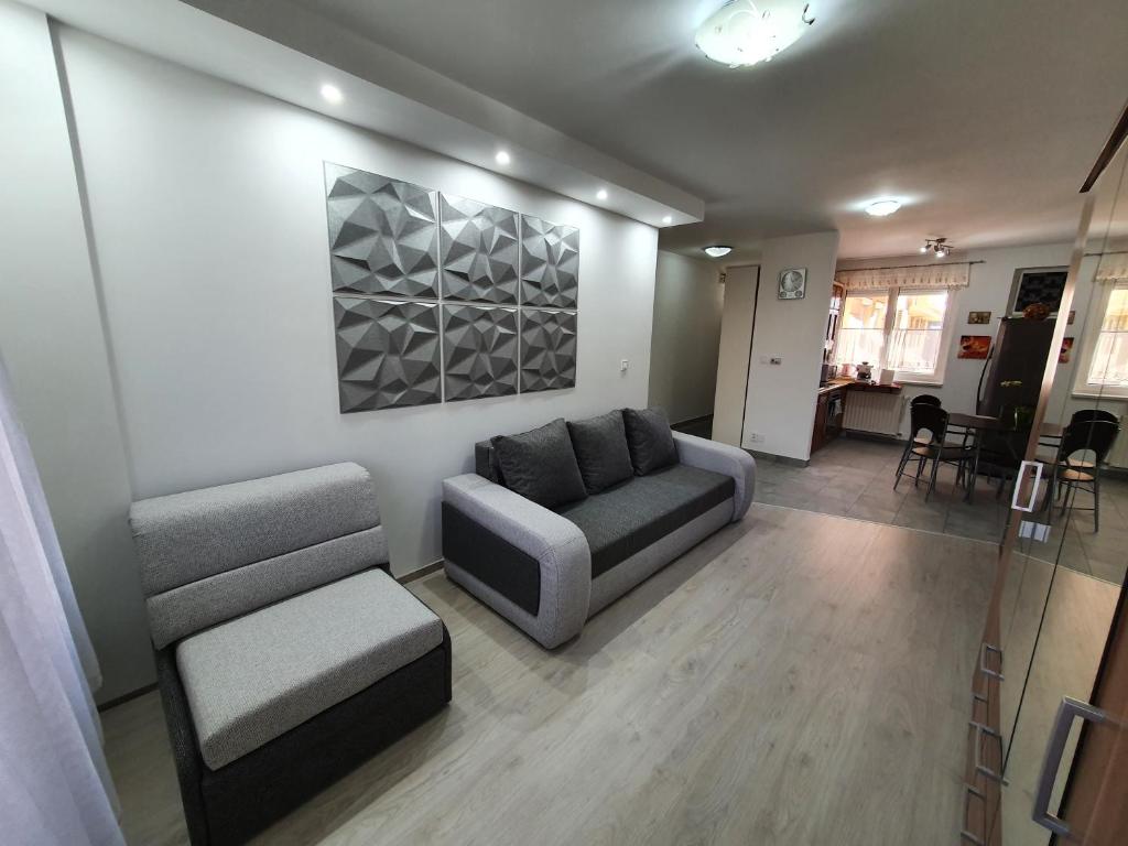 豪伊杜索博斯洛Fischer Apartman的客厅配有沙发和椅子
