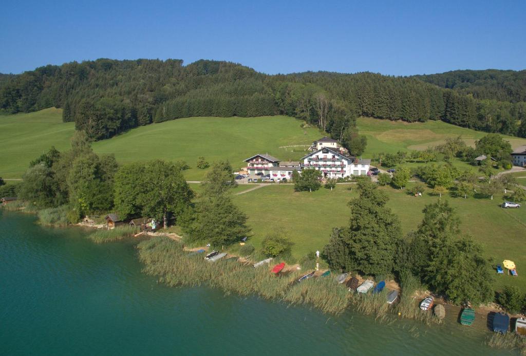 迪弗格拉根Hotel Garni Dorferwirt的享有湖畔山丘上房屋的空中景致