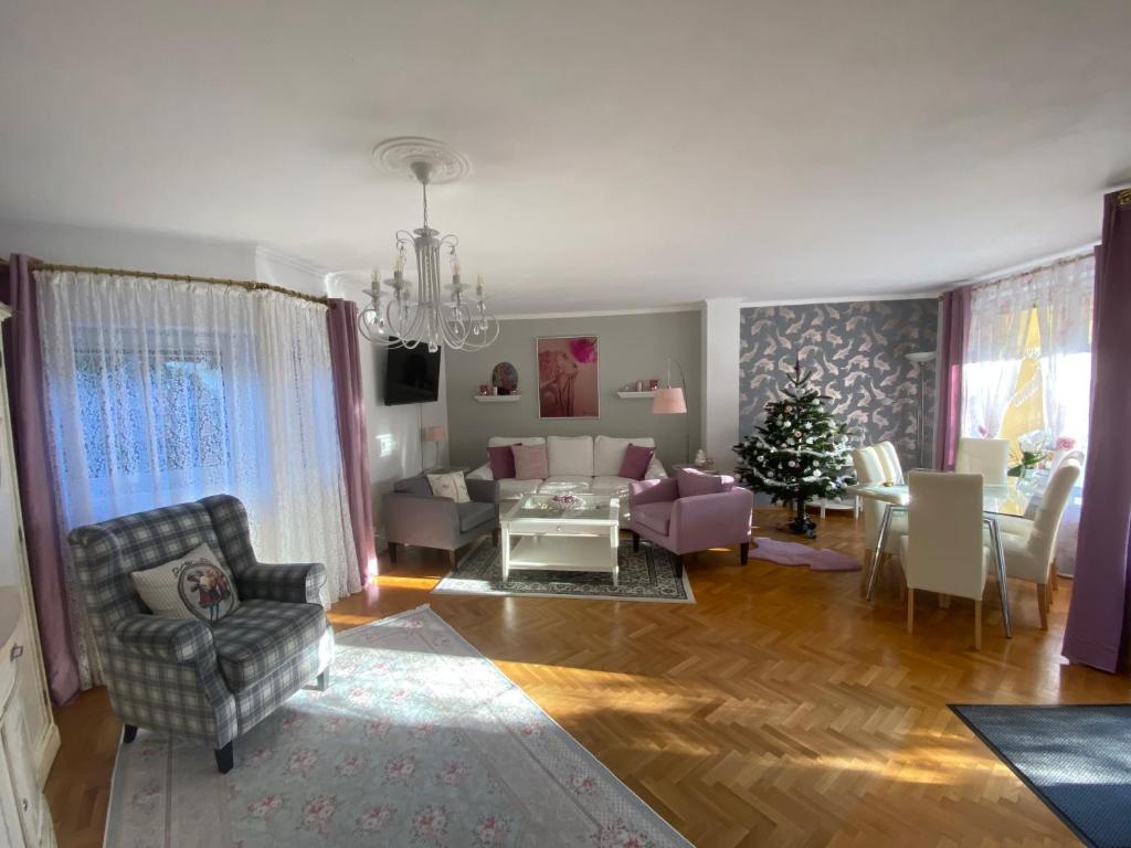 LeopoldsdorfCasa Magnolia Vienna的客厅里摆放着家具和圣诞树