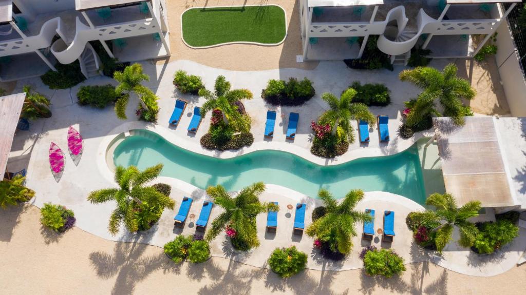 巴卡拉尔Blue Palm Bacalar的享有度假村的空中景致,设有游泳池和棕榈树
