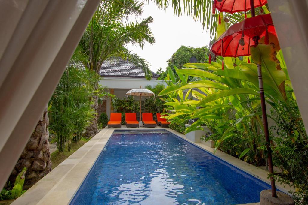 沙努尔Bali Komang Guest House Sanur的房屋中间的游泳池