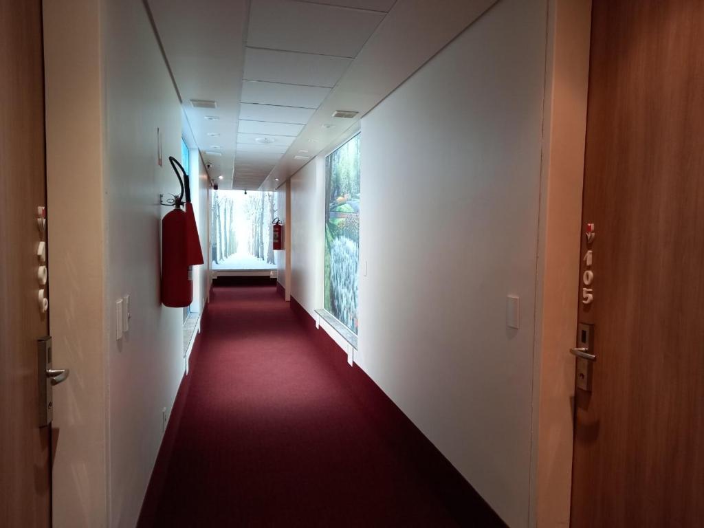 奥兰布拉Apartamento em Holambra的大楼里长长的走廊,有红地毯