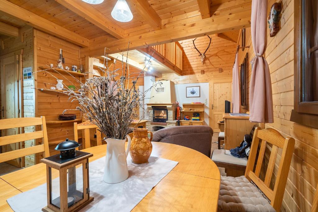 多纳瓦利维里猎人度假屋的小屋内的厨房和用餐室配有桌子