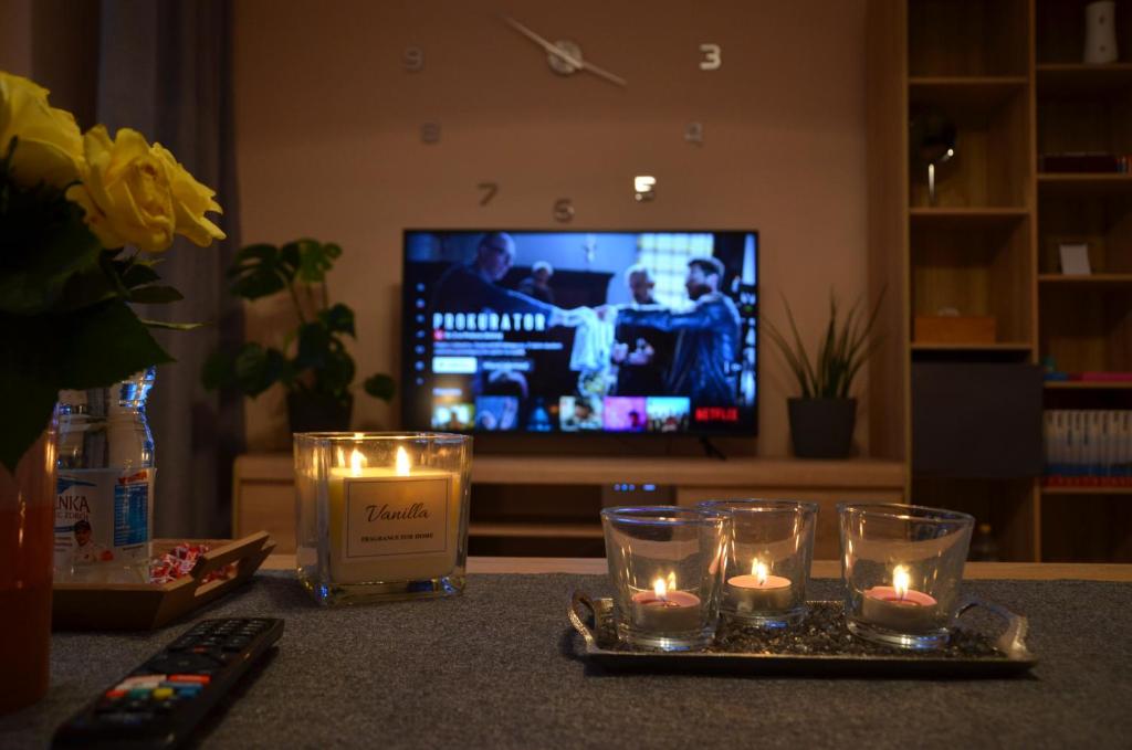 马佐夫舍地区新庄园Apartament Modlin的客厅设有一张带蜡烛的桌子和一台电视机