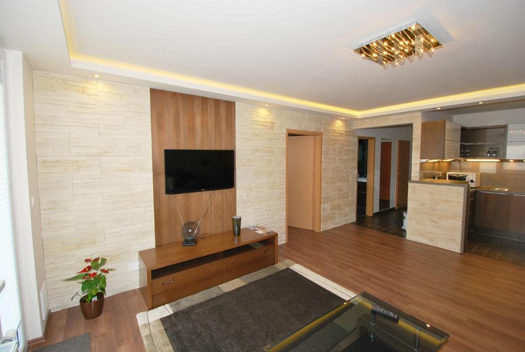 布达佩斯阿帕德桥公寓式酒店的客厅设有壁挂式平面电视。