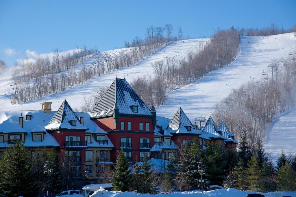 蓝山Blue Mountain Resort Village Suites的一座大红楼,有雪盖屋顶,位于山上