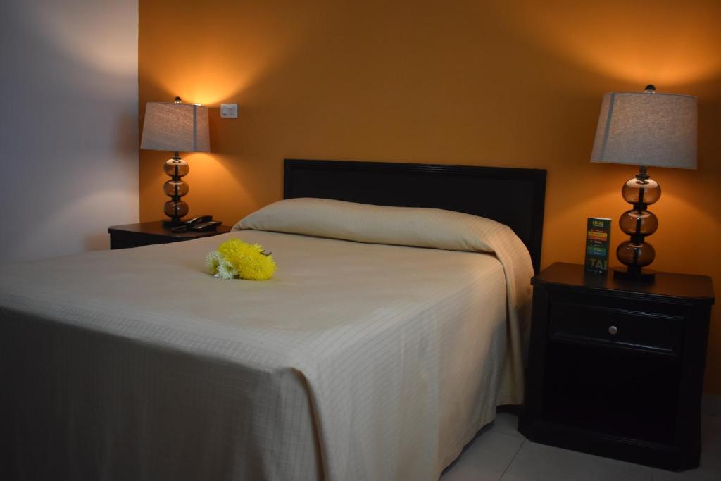 比亚埃尔莫萨比亚埃尔莫萨米拉弗洛雷斯酒店的一间卧室,床上有黄色花