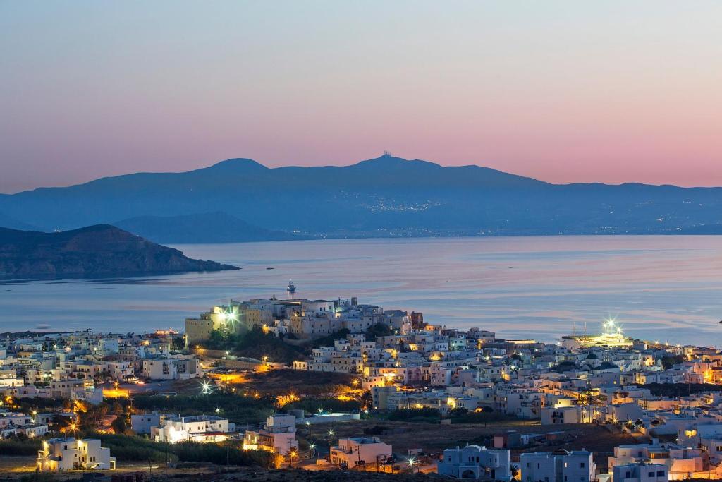 纳克索乔拉Arco Naxos Luxury Apartments的一座夜晚有山的城市