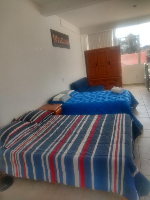 墨西哥城Xochimilco Hermoso Departamento Loft junto a Trajineras的一间卧室配有两张床和条纹毯子