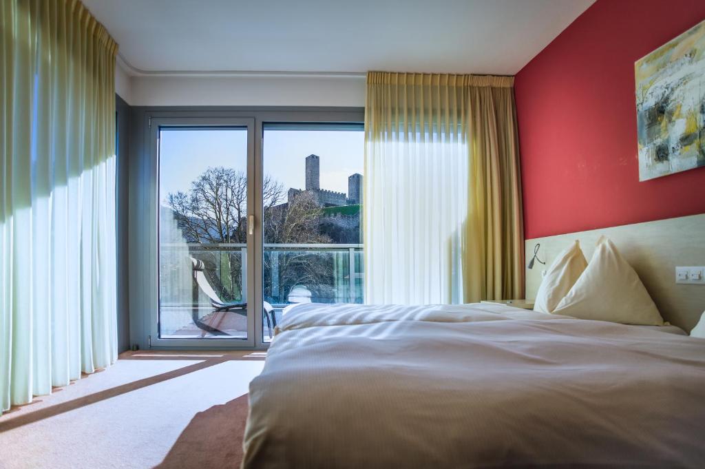 贝林佐拉尤念恩酒店的一间卧室设有一张床和一个大窗户