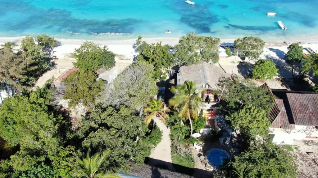 蓬塔露奇亚Tropic ecolodge的享有房子和海滩的空中景致