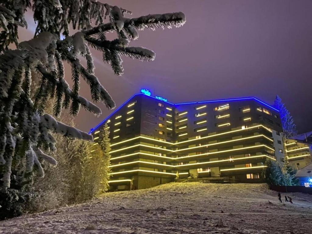 波亚纳布拉索夫Alpin ApartHotel 2302的一座晚上有蓝色灯光的建筑