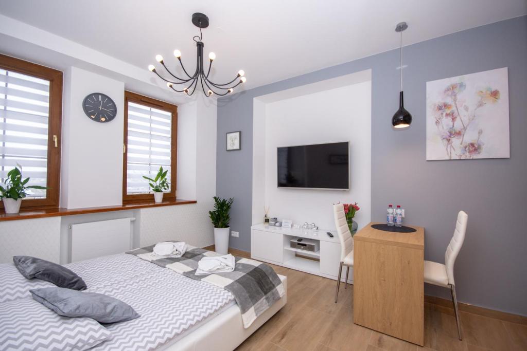 琴斯托霍瓦Apartamenty AP 10的一间卧室配有一张床、一张书桌和一台电视。