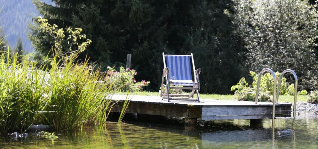 萨尔巴赫AlpenOase Sonnhof的坐在水面上的一个蓝色椅子