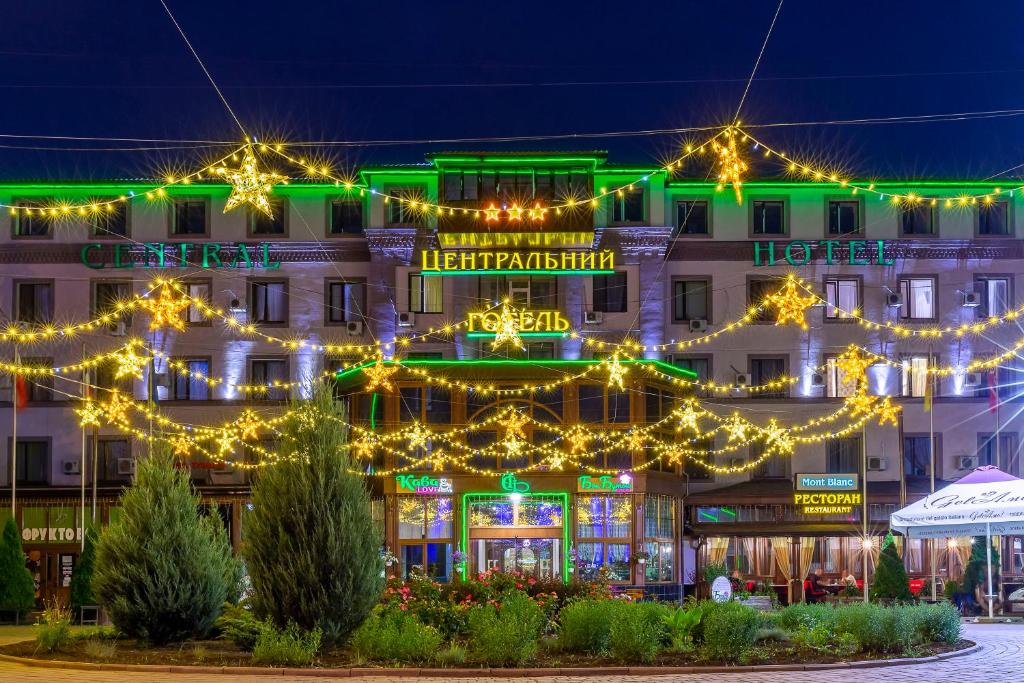 克里沃罗格Centralny Hotel的前面有圣诞灯的建筑