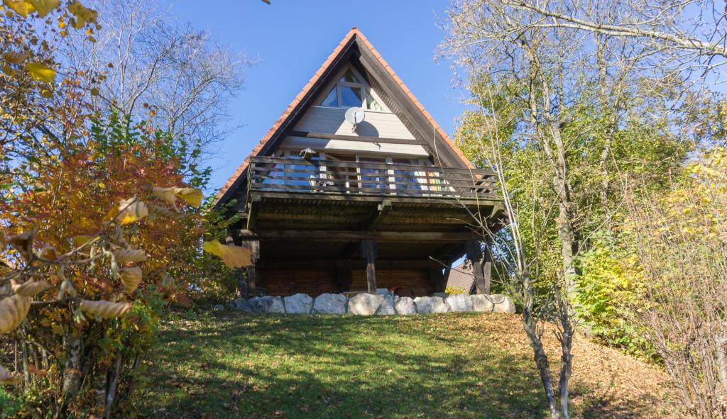 希格斯多夫Haus 4-Jahreszeiten的茅草屋顶小木屋