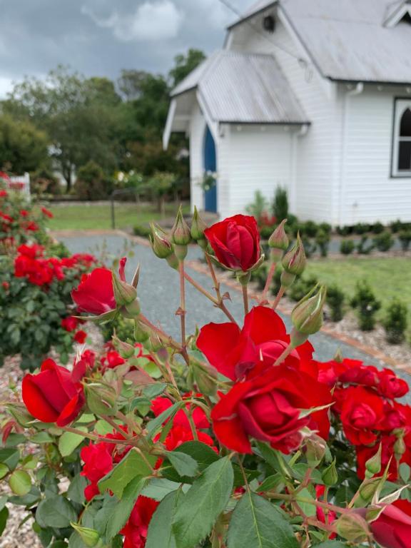 巴灵顿The Church at Barrington的房子前面的一束红玫瑰花