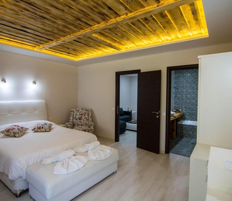 斯塔夫罗斯阿宏提科李玛斯酒店的一间卧室配有一张床和一张沙发