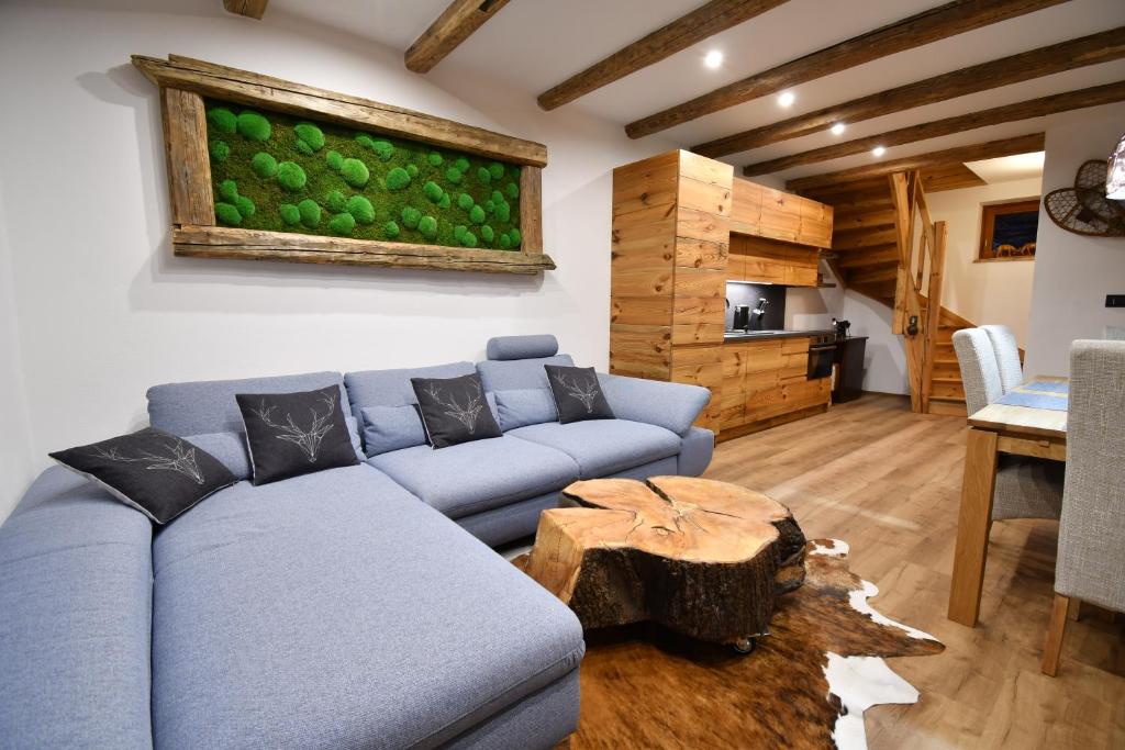 泽勒兹纳·鲁达Chalet Apartments Maštal的客厅配有蓝色的沙发和桌子