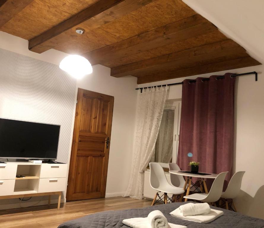 库多瓦-兹德鲁伊Dom Tkacki的一间卧室配有一张床、一台电视和一张桌子