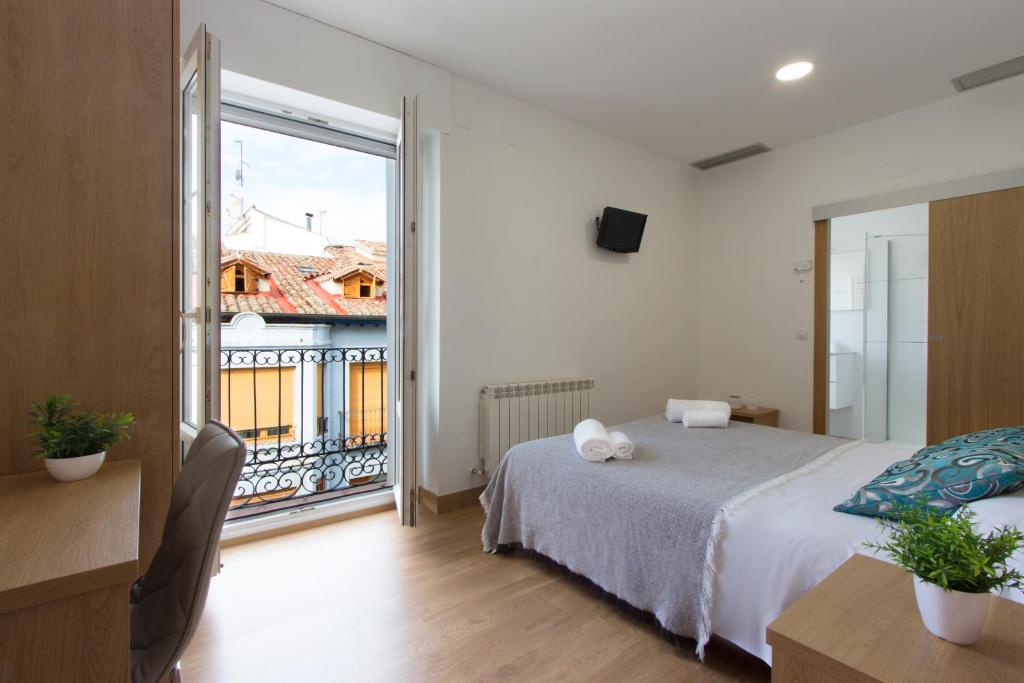 洛格罗尼奥拉奴曼缇纳宾馆的一间卧室设有一张床和一个大窗户