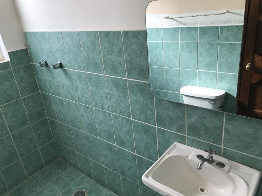 San Pedro PochutlaHotel Izala的绿色瓷砖浴室设有水槽和镜子