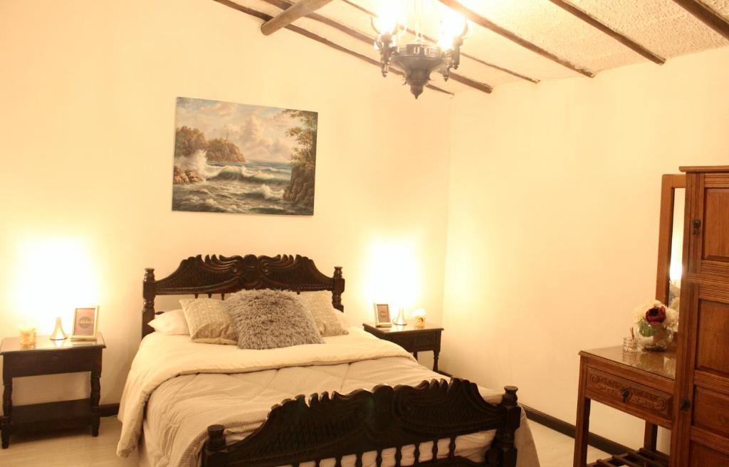 派帕Casa de hospedaje Vivaio的卧室配有一张床,墙上挂有绘画作品