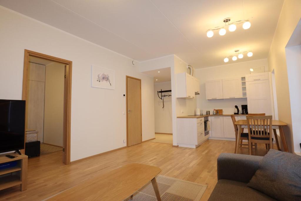 塔尔图Aatrium Kinnisvara Kristalli str apartment Lõunakeskuse lähistel的带沙发和桌子的客厅以及厨房。