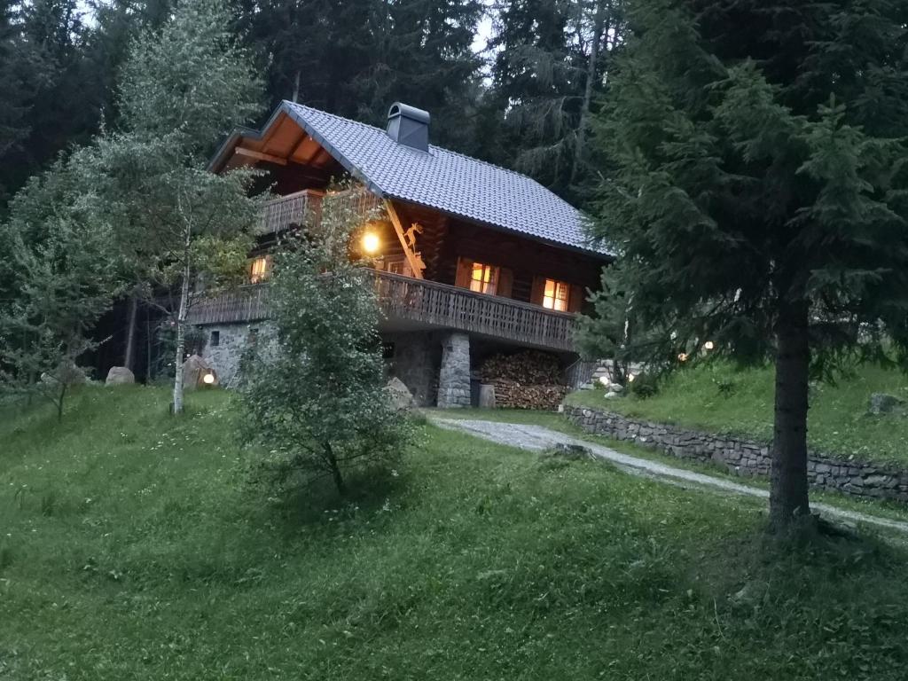 圣斯特凡Almhaus Ödlstein的夜间在树林里的一个小木屋,灯光照亮