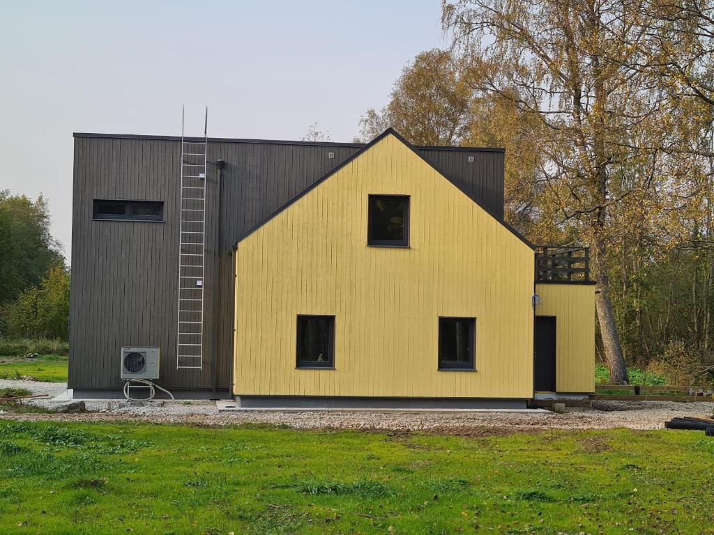 SondaSonda puhkemaja的黑色屋顶的黄色房子
