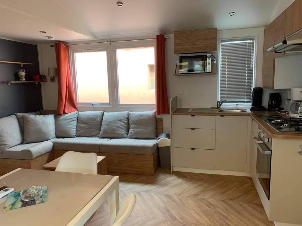 鲁西隆地区卡内VAM Mobil Home Mar Estang的带沙发的小客厅和厨房