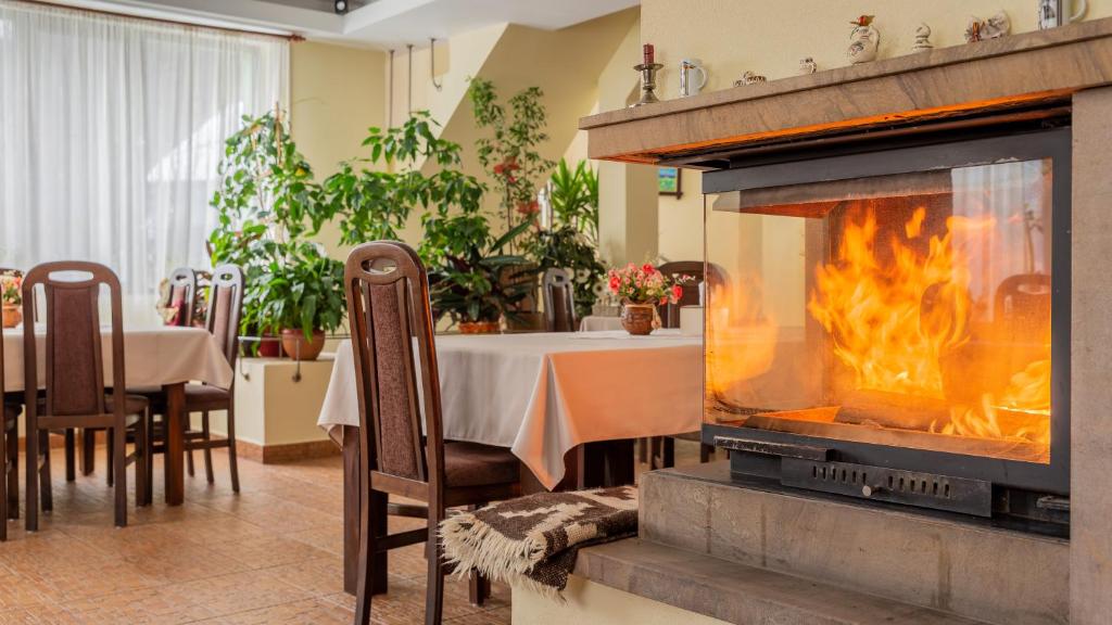 卡夫尼克Pensiunea Ana的带壁炉的餐厅,餐桌和用餐室