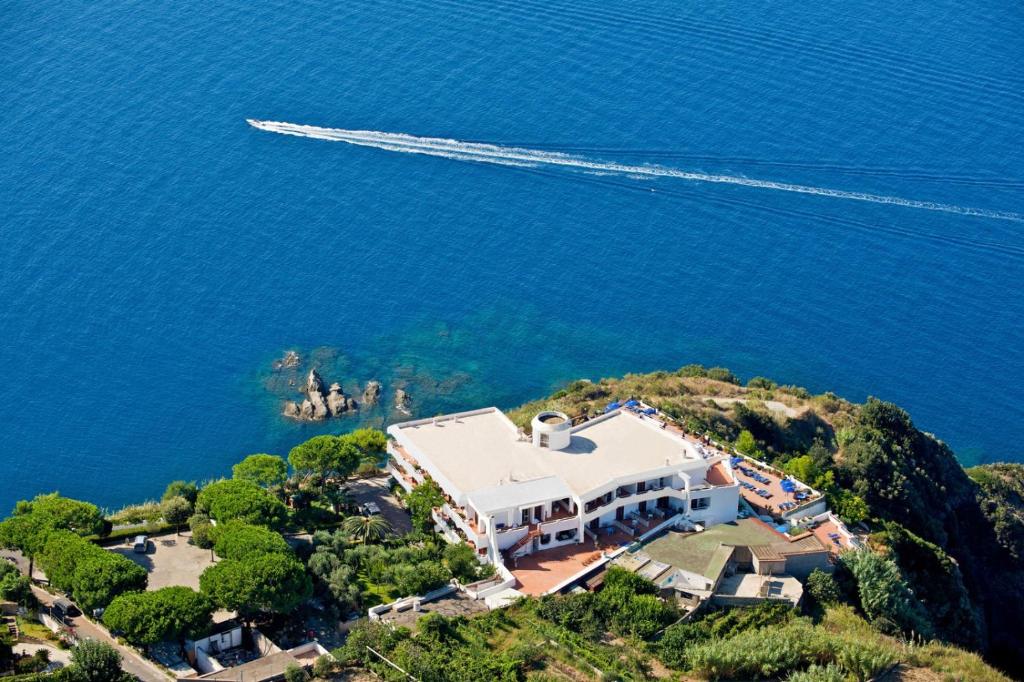 伊斯基亚Hotel Grazia alla Scannella的水边山丘上房屋的空中景观