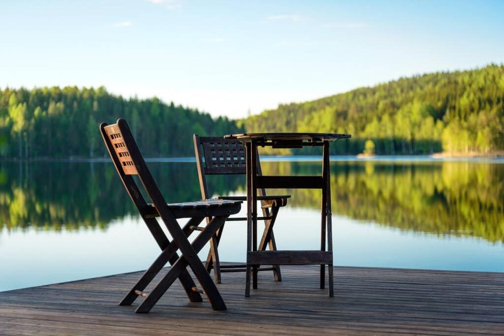 EnonkoskiVuorijärvi cottage的桌子和两把椅子坐在码头上
