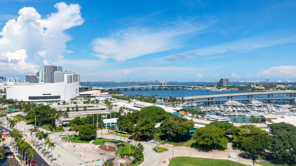 迈阿密迈阿密YVE酒店的一座城市,有港口和一座桥
