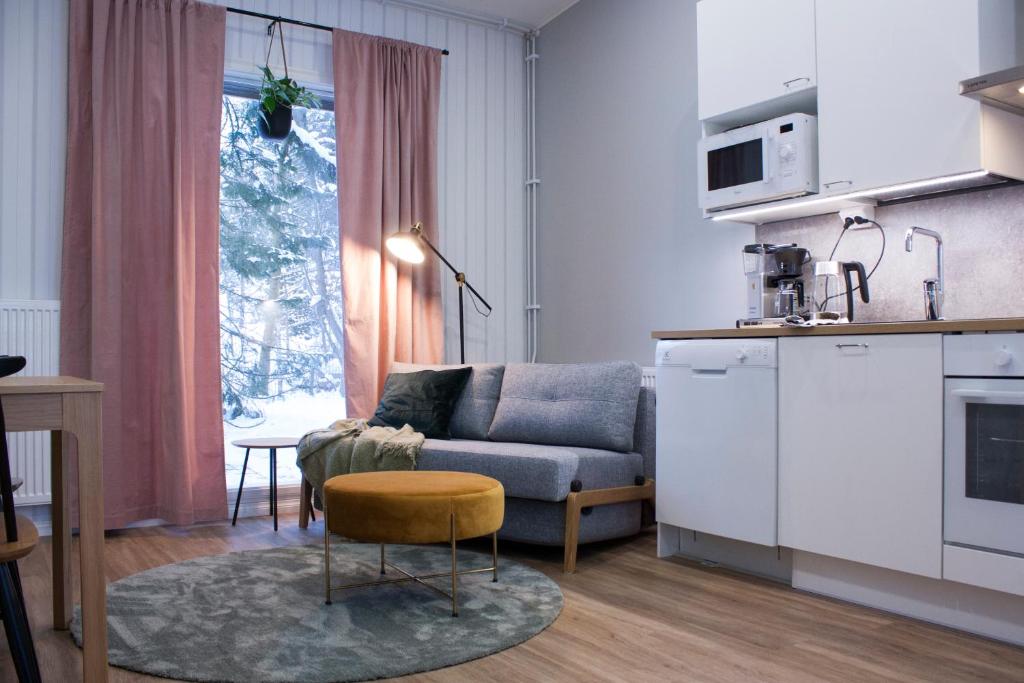 于韦斯屈莱Studio 7, Air-conditioned, 1 free parking, calm own entrance的带沙发的小客厅和厨房