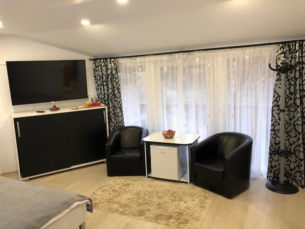 锡吉什瓦拉Toni Apartment的一间卧室配有一张床、两把椅子和电视