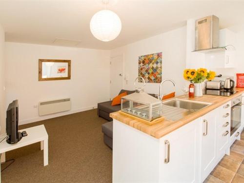 伊斯特雷格Beddoe Apartments Premier Lodge Eastleigh near Winchester and Southampton的一个带水槽的厨房和一间客厅