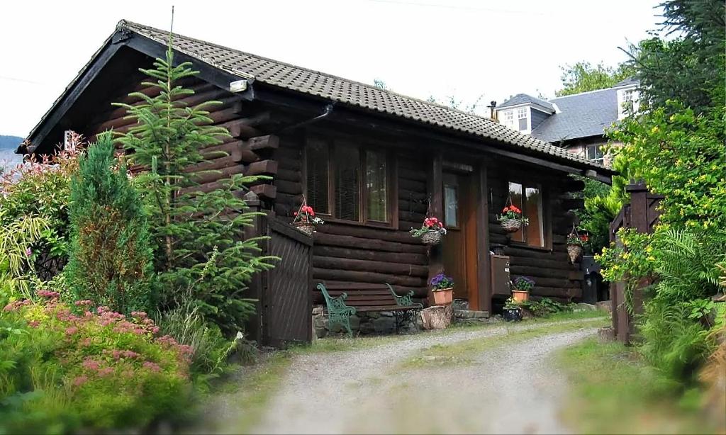 斯特拉西尔An Carraig Log Cabin的窗户上鲜花的小木屋