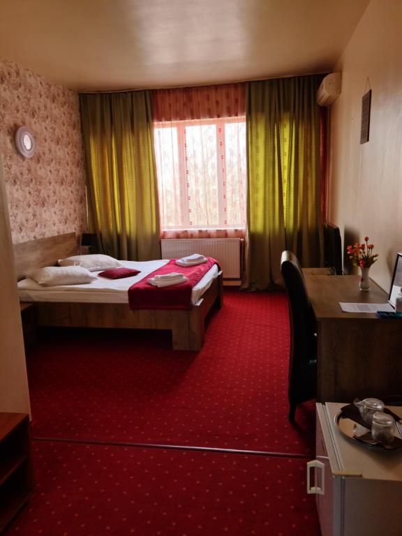 克卢日-纳波卡奥林普酒店的酒店客房设有两张床和窗户。