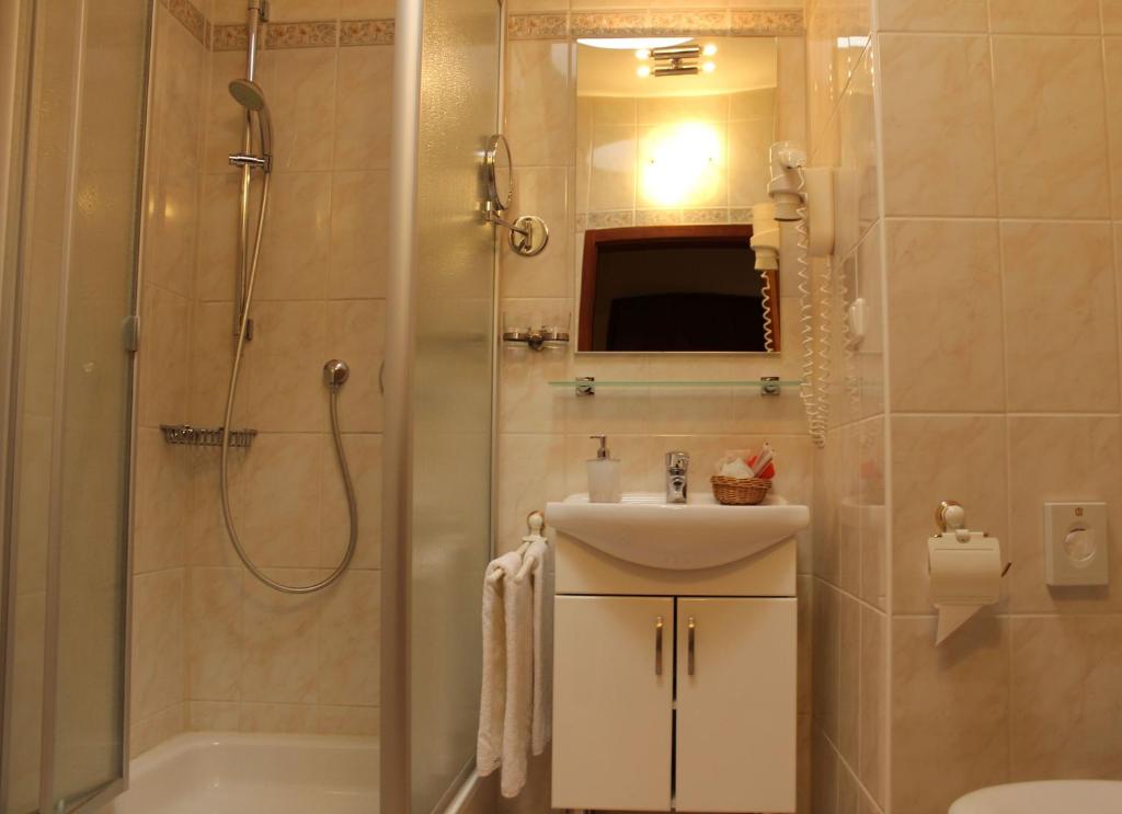 奥格斯堡奥格斯堡斯塔德特酒店的带淋浴、盥洗盆和卫生间的浴室